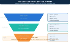 Content marketing funnel mapping top, middle and bottom of funnel content types to search intent