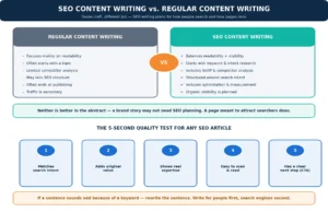 Comparison of SEO content writing vs regular content writing with a 5-point quality checklist