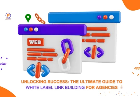 Diagram of an agency outsourcing link building to a partner and delivering branded reports to clients