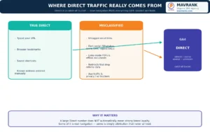 Diagram showing true direct visits and misclassified sources like dark social, untagged email and PDFs feeding GA4 direct traffic