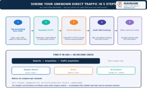 5 steps to reduce unattributed direct traffic with UTMs, HTTPS, redirect audits and GA4 tracking checks