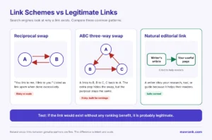 Diagram comparing a reciprocal link swap, a three-way ABC link exchange, and a natural editorial citation